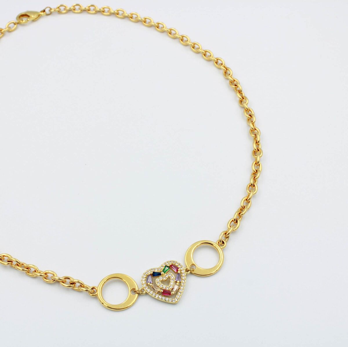 Necklace with Gold Plated Heart and Colorful Zircon Stones