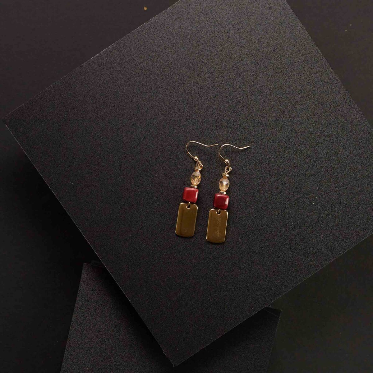 Gold Plated Metal Earrings with Red Dice