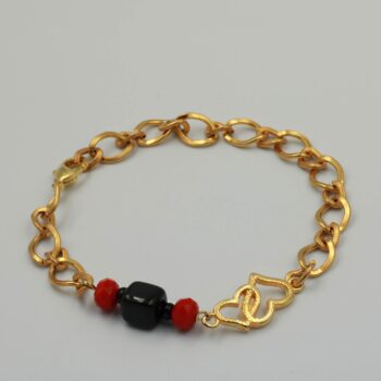 Bracelet Black-Red Combination with Gold Plated Chain with Double Heart Motif