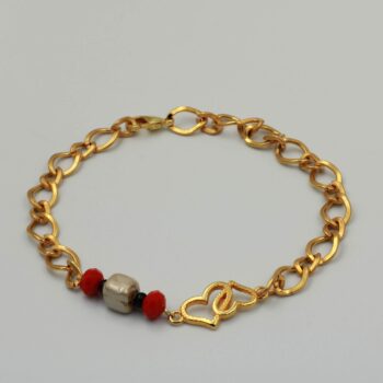 Bracelet White-Red Combination with Gold Plated Chain with Double Heart Motif