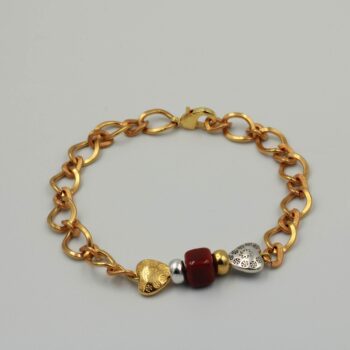 Bracelet Gold Plated with Bordeaux Dice and Silver Gold Heart