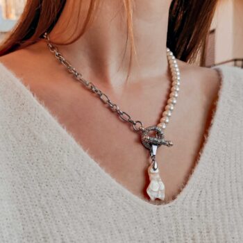 Necklace Short with Silver Plated Steel Chain, White Pearls and Pearl