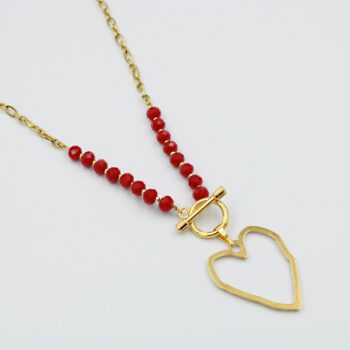Women's Necklace With Golden Heart And Red Corals