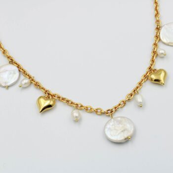 Women's Necklace with Gold Plated Chain 24k and Pearls with Hearts