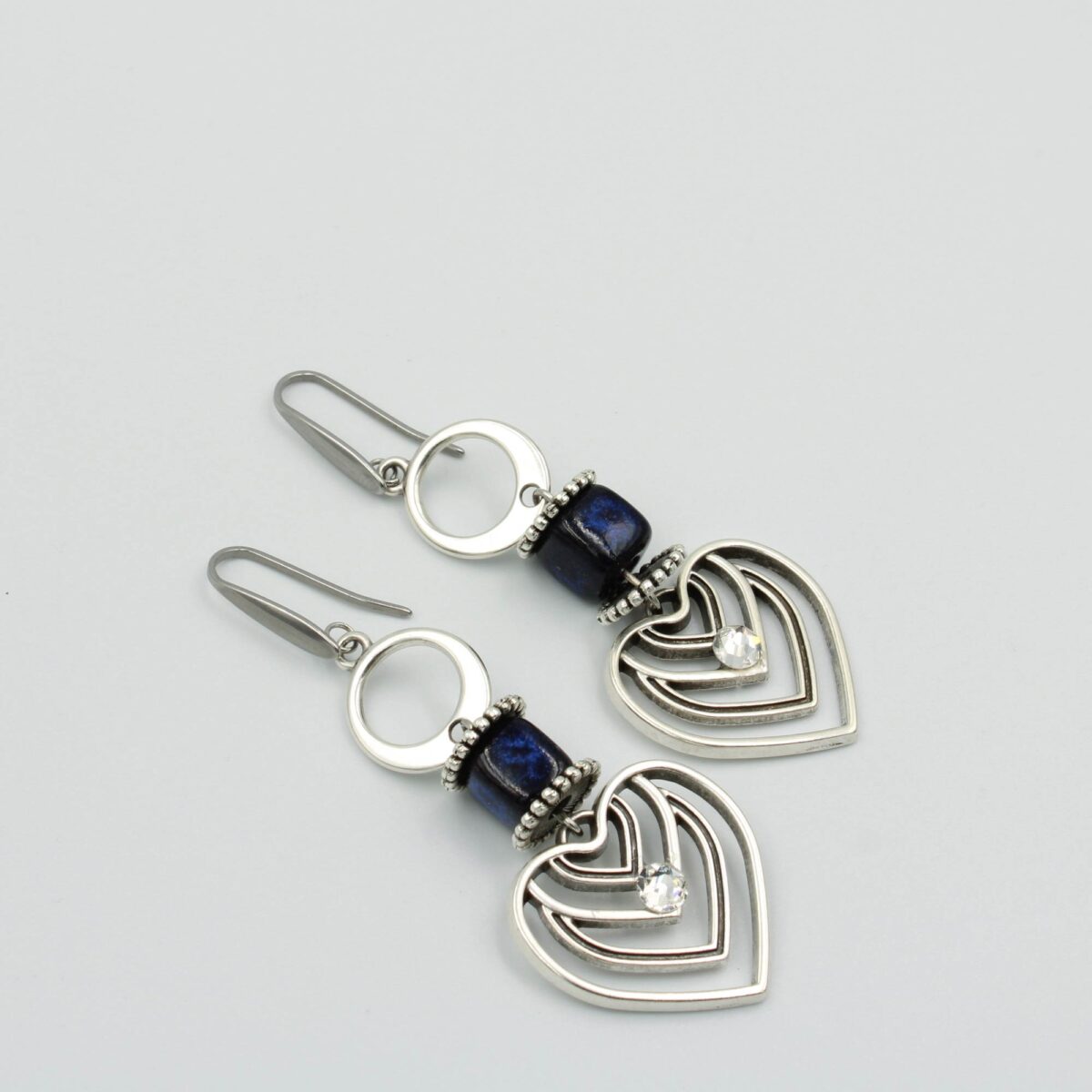 Pendant Earrings with Silver Heart and Blue Dice
