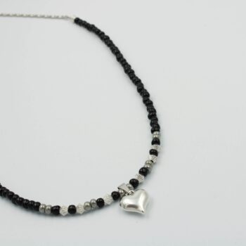 Women's Necklace with Black Stones and Silver Heart 925