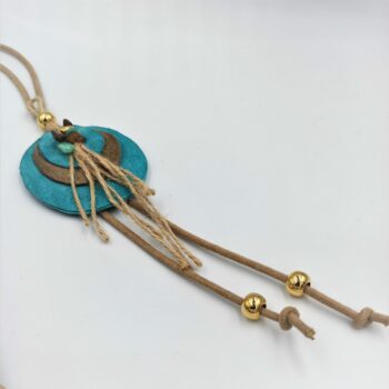 Handmade leather necklace in turquoise and beige, decorated with linen and coral.